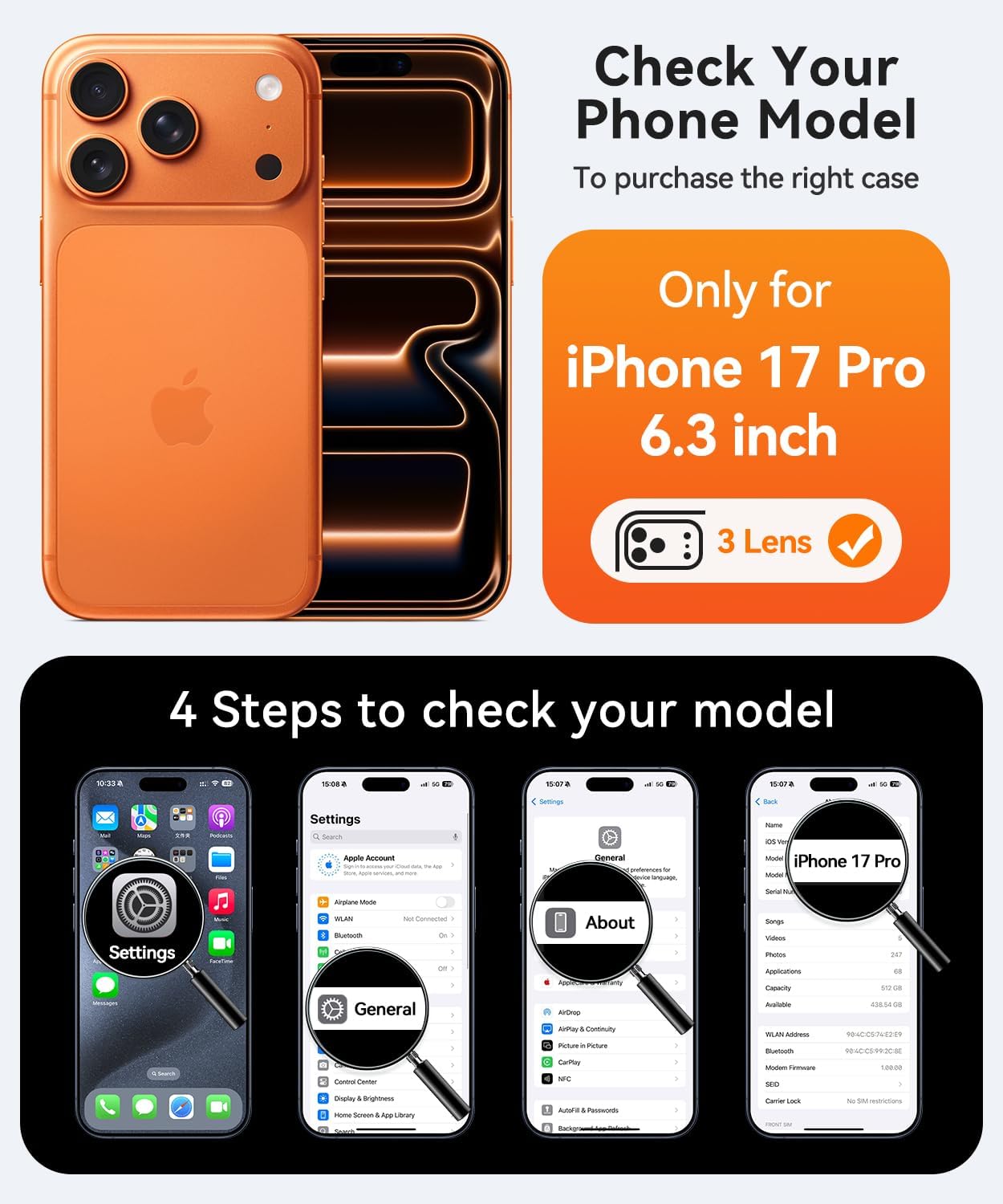 Cases-iPhone 17 Pro, Full Camera Protection, Military-Grade Protection, Scratch Resistant, Slim Fit (Black & Clear)