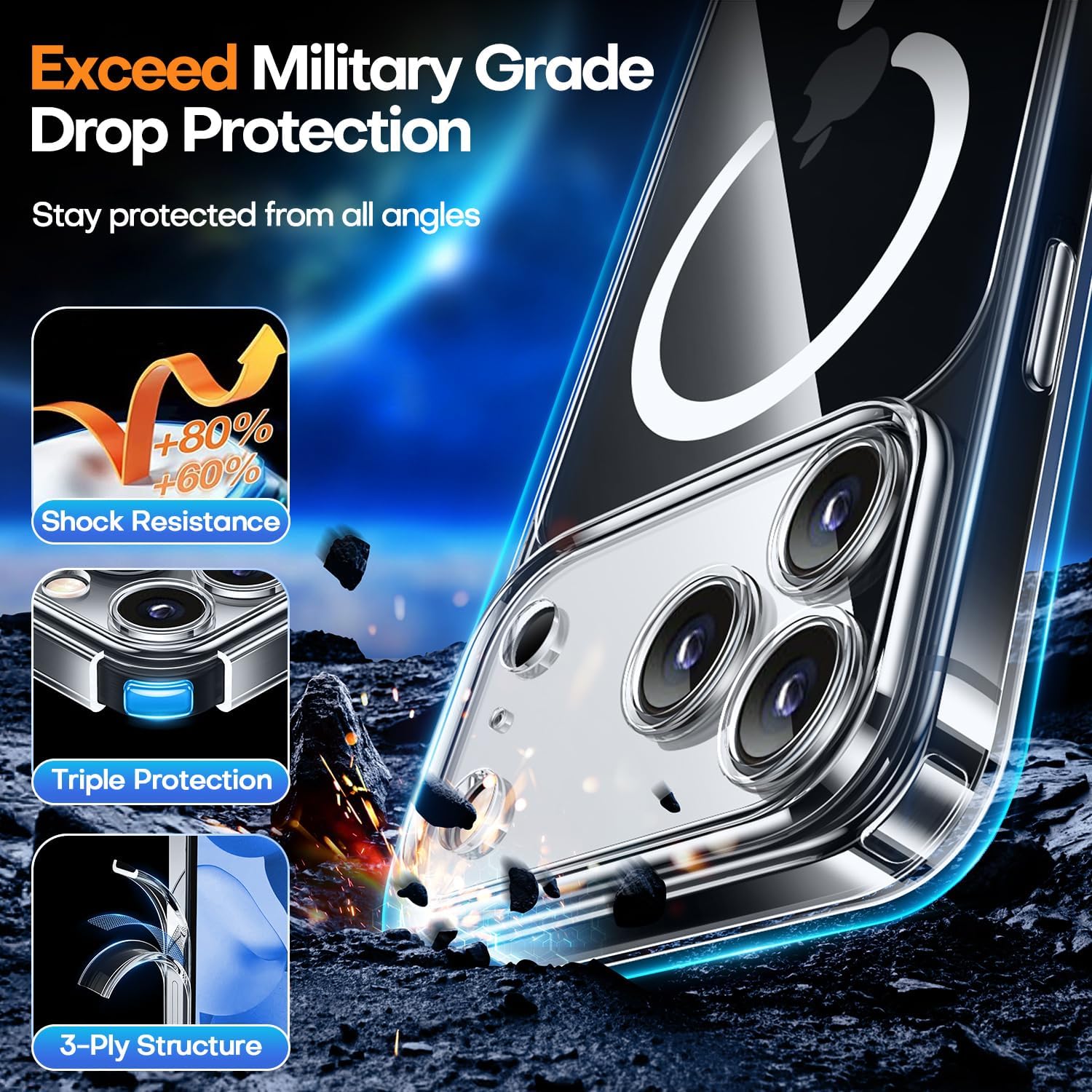 Cases-iPhone 17 Pro, Full Camera Protection, Military-Grade Protection, Scratch Resistant, Slim Fit (Black & Clear)
